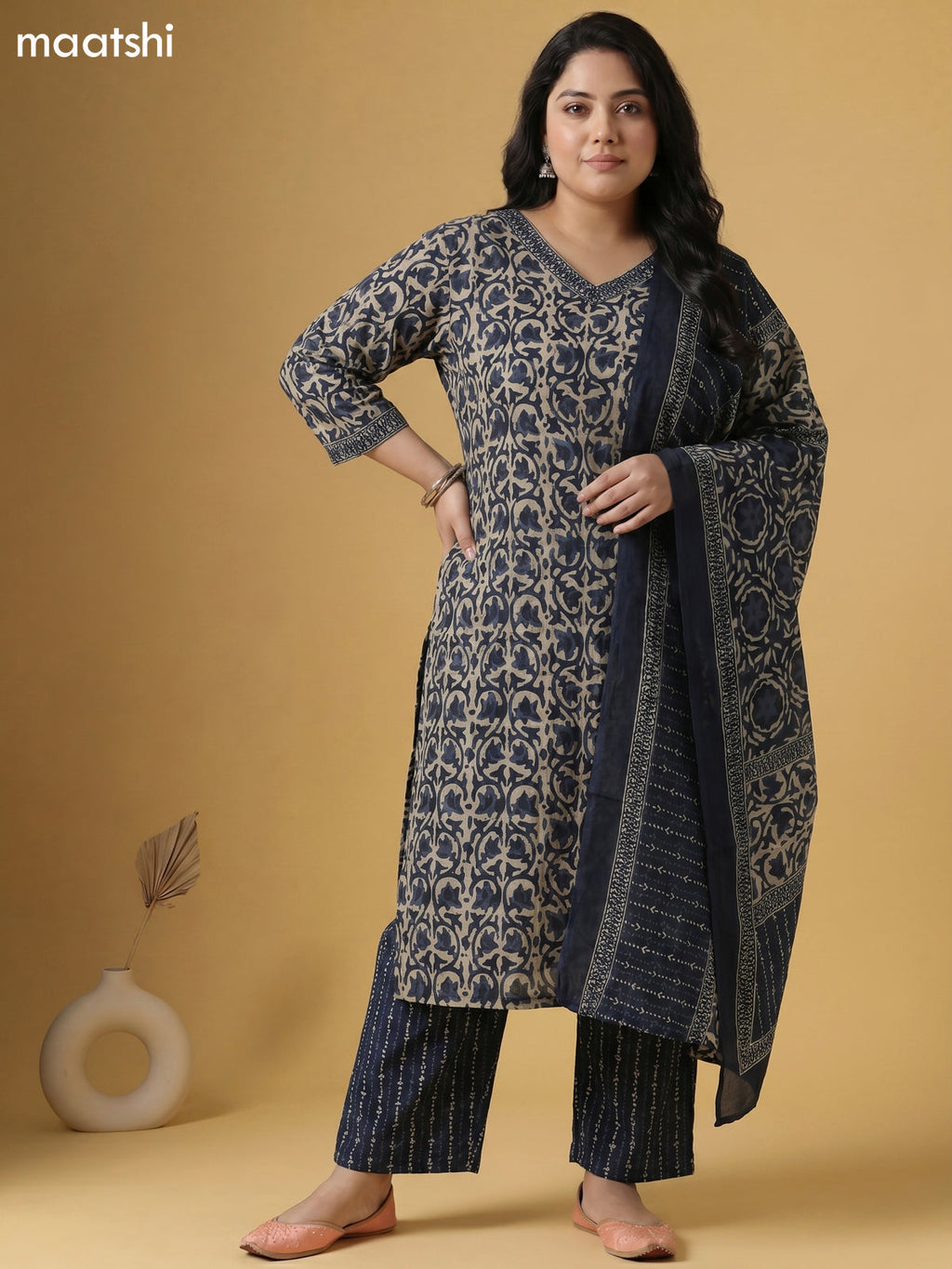 Beige and Greyish Blue Cotton Batik Printed Straight Suit