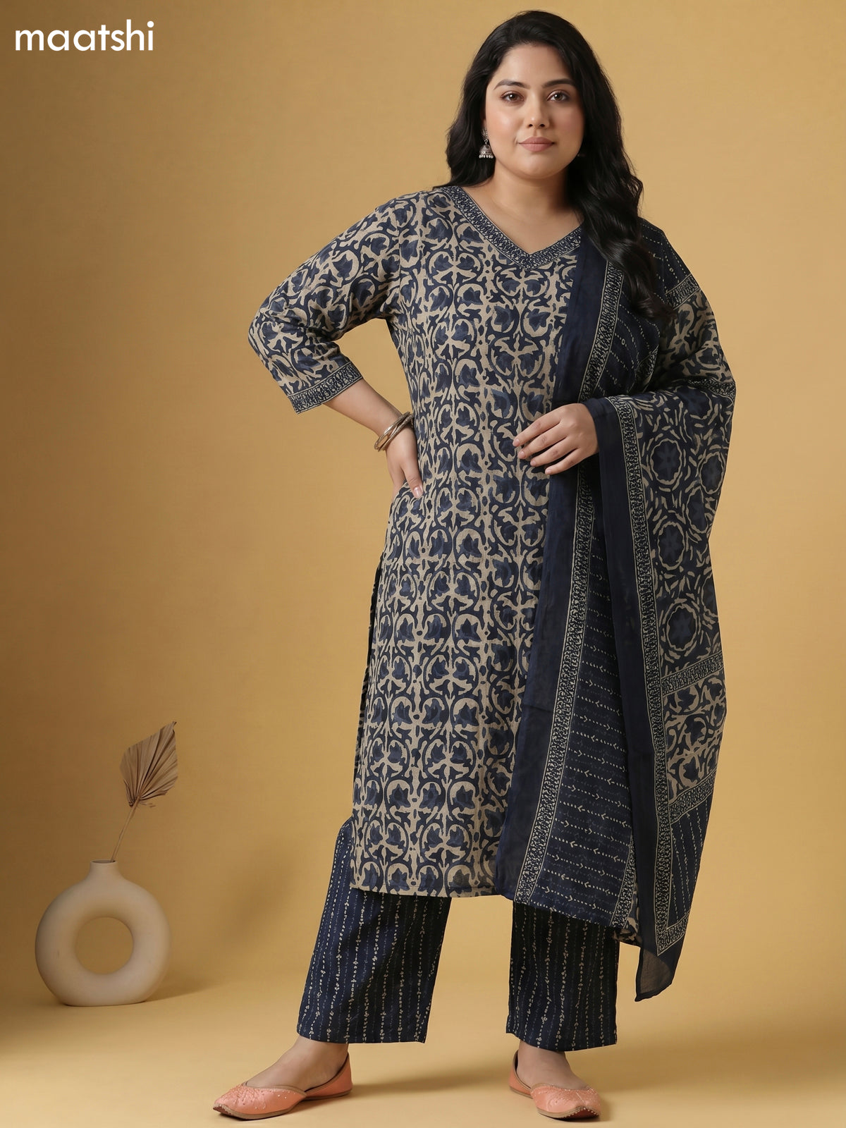 Beige and Greyish Blue Cotton Batik Printed Straight Suit