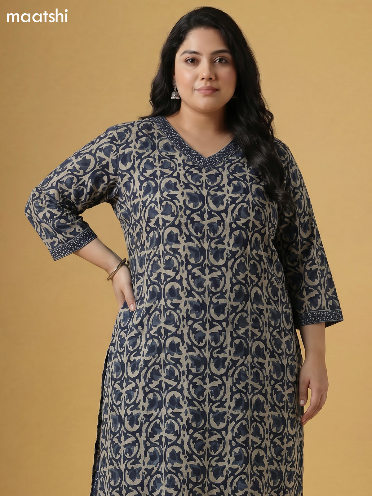 Beige and Greyish Blue Cotton Batik Printed Straight Suit