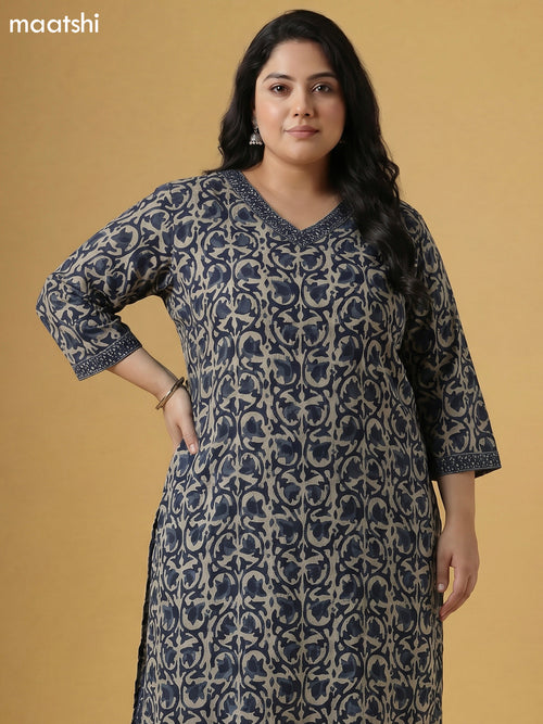 Beige and Greyish Blue Cotton Batik Printed Straight Suit