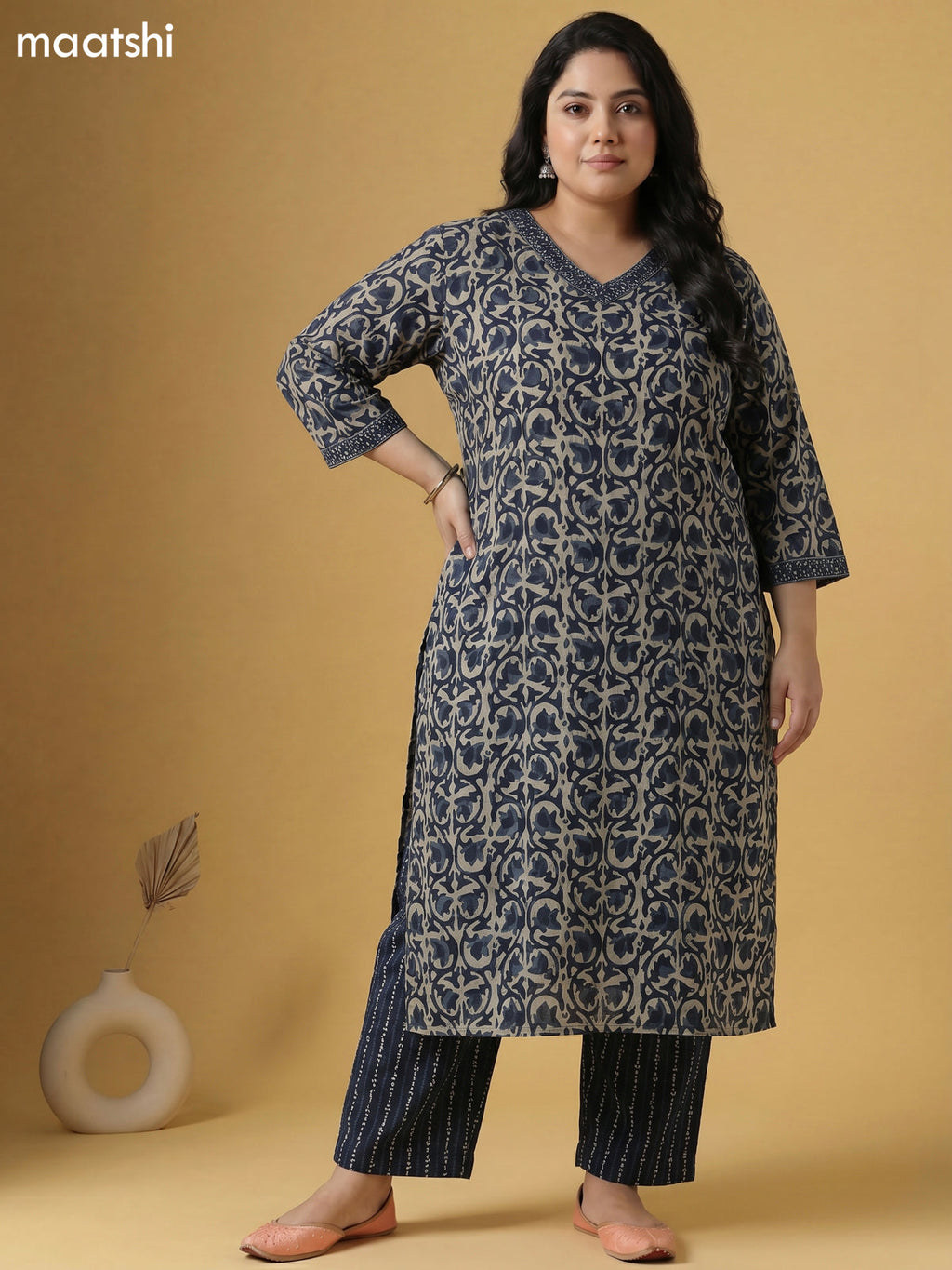 Beige and Greyish Blue Cotton Batik Printed Straight Suit