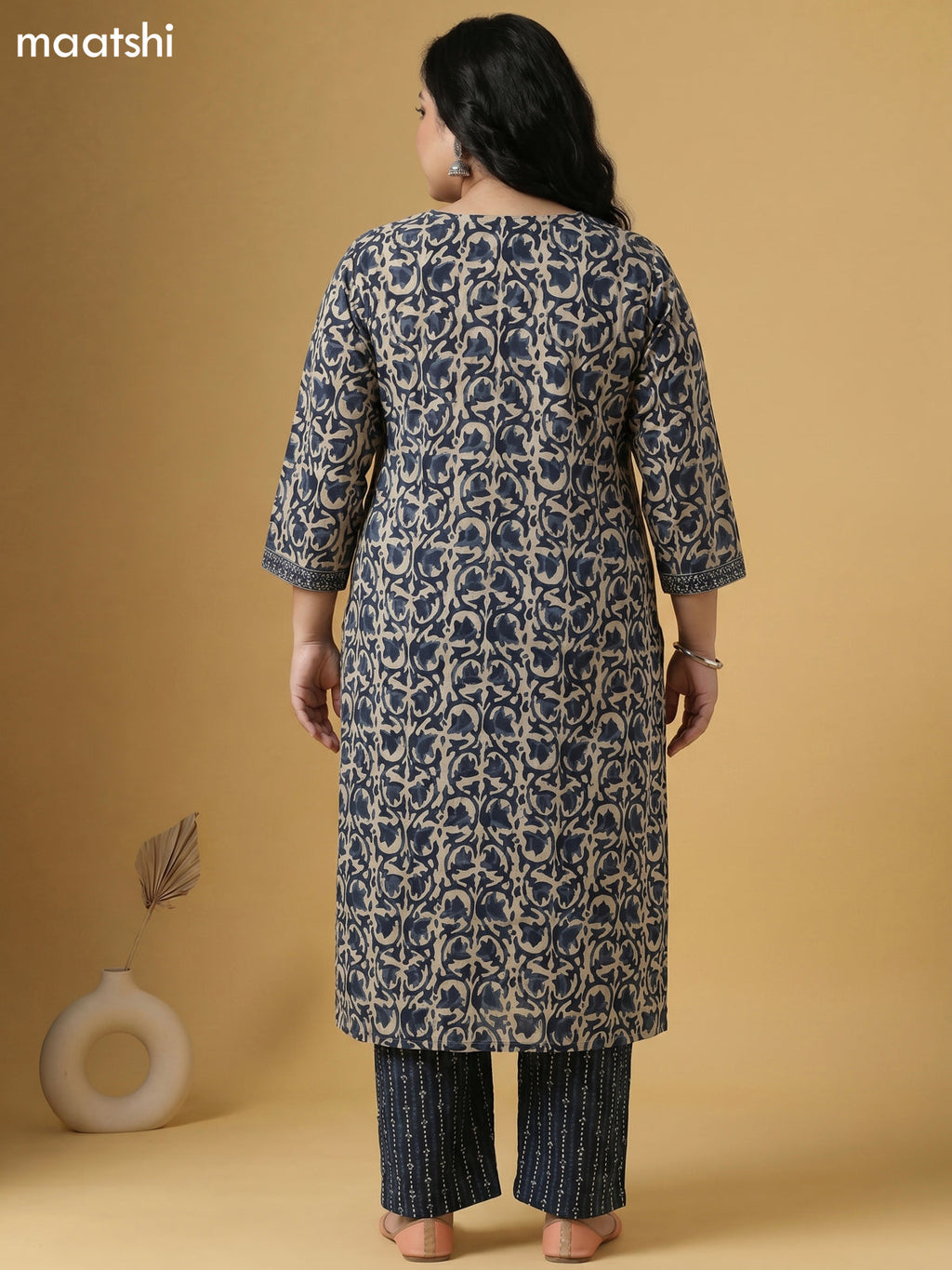 Beige and Greyish Blue Cotton Batik Printed Straight Suit