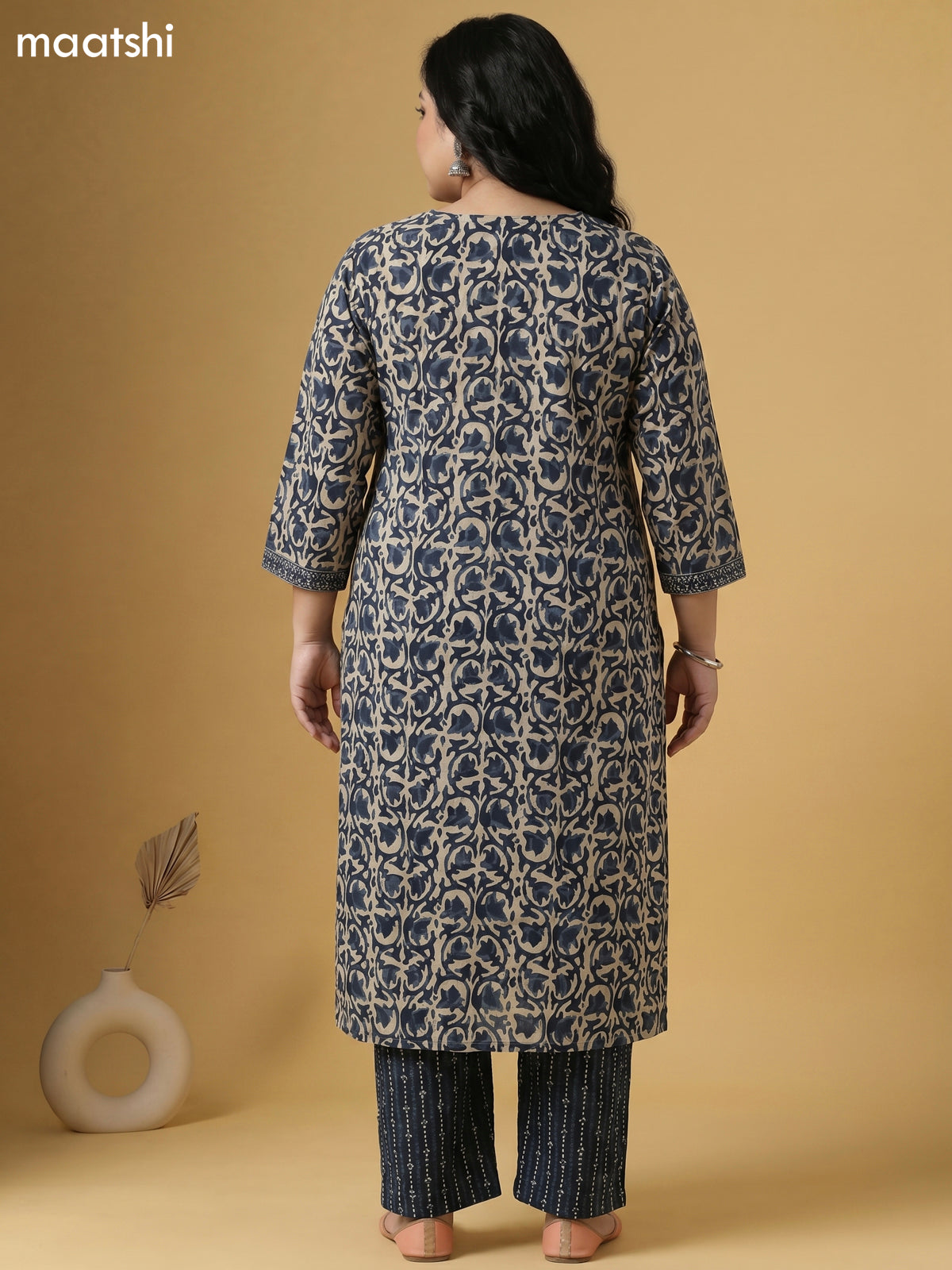 Beige and Greyish Blue Cotton Batik Printed Straight Suit