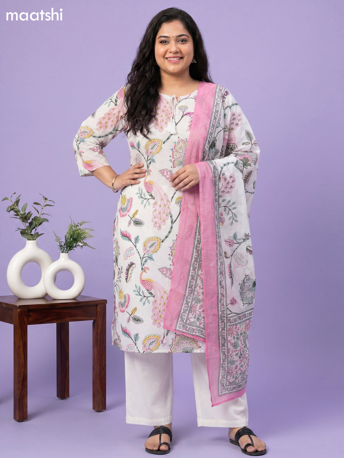 Off White and Peach Pink Cotton Printed Straight Suit