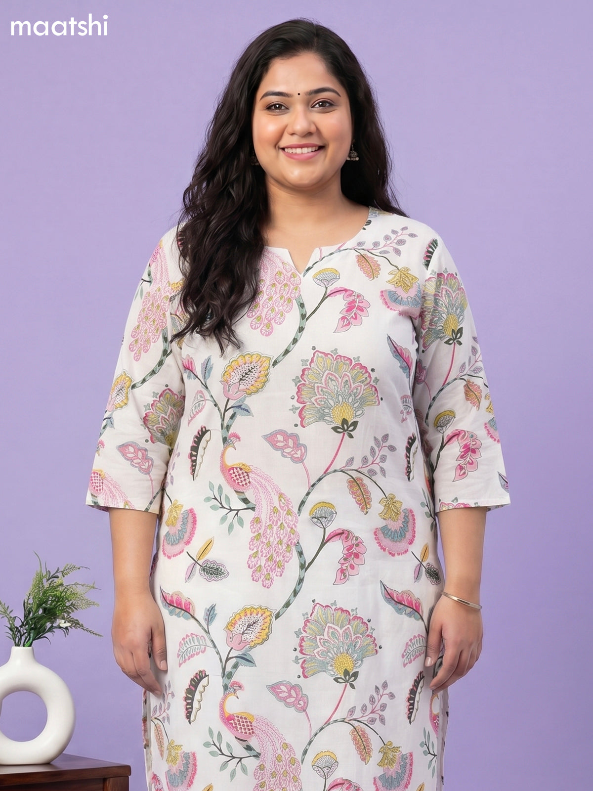Off White and Peach Pink Cotton Printed Straight Suit