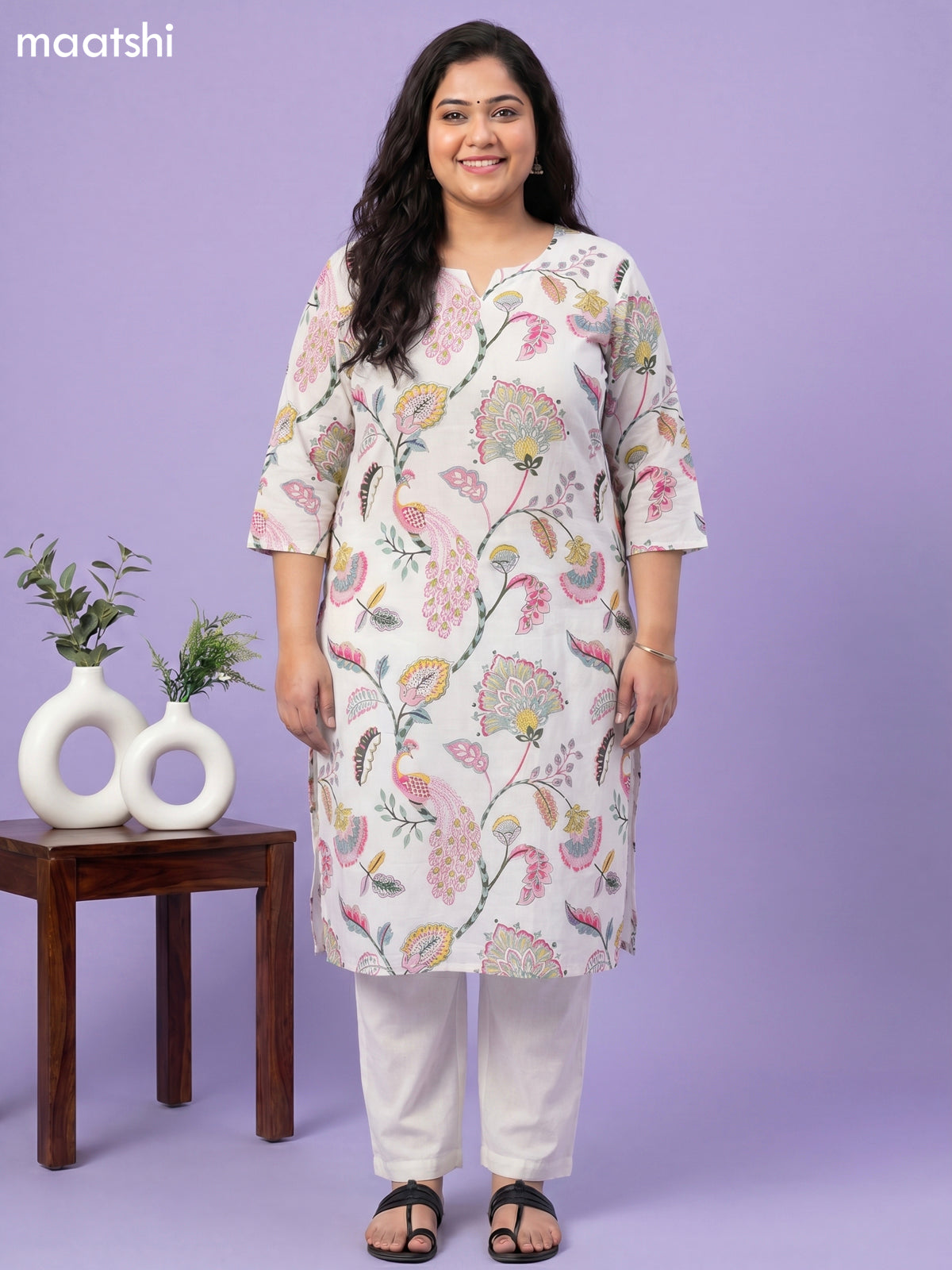 Off White and Peach Pink Cotton Printed Straight Suit