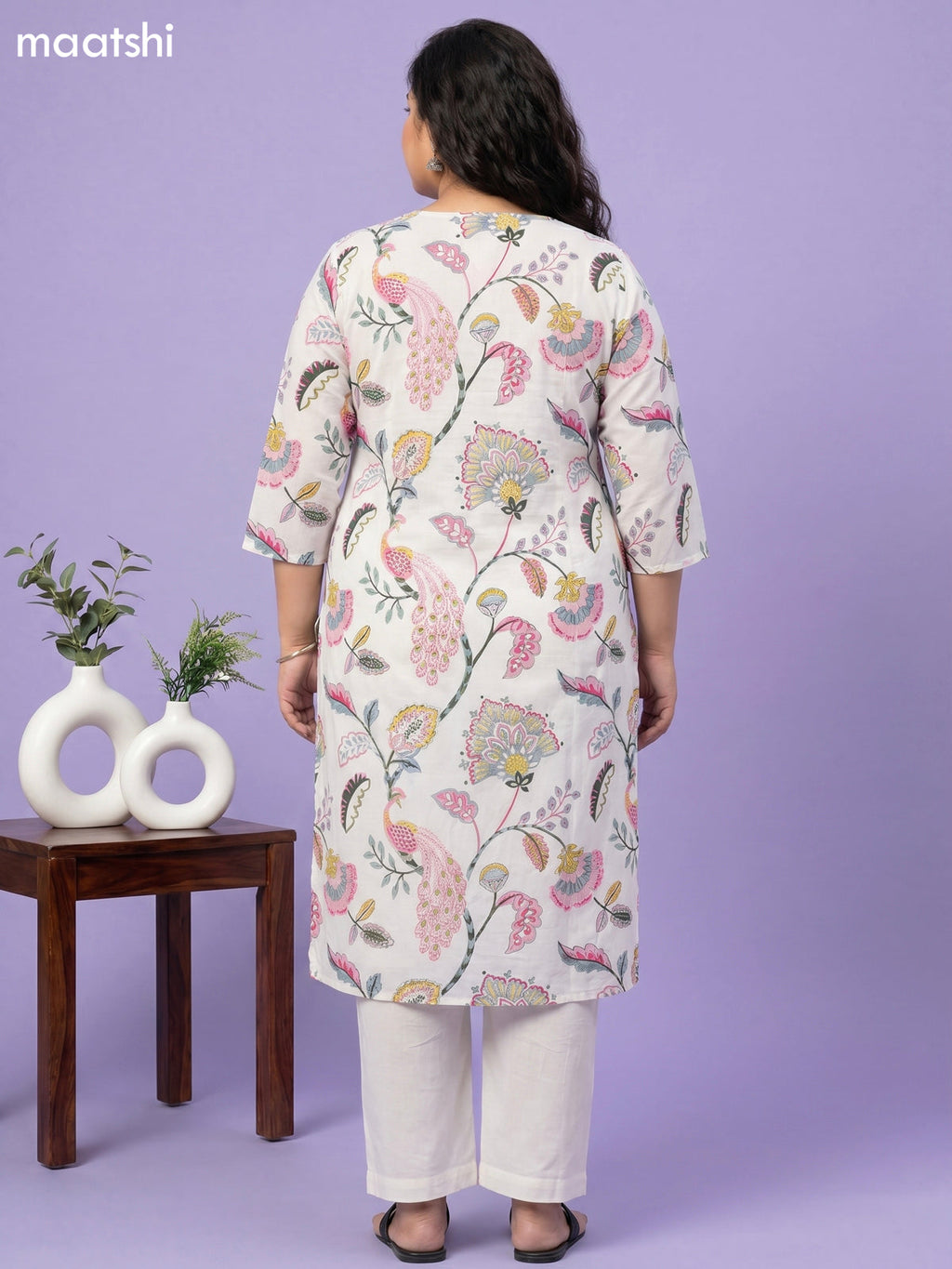 Off White and Peach Pink Cotton Printed Straight Suit