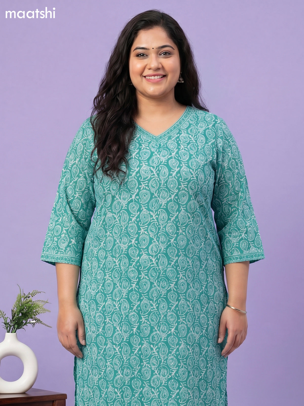 Teal Green and Off White Cotton Batik Printed Straight Suit