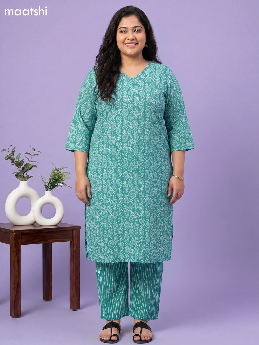 Teal Green and Off White Cotton Batik Printed Straight Suit