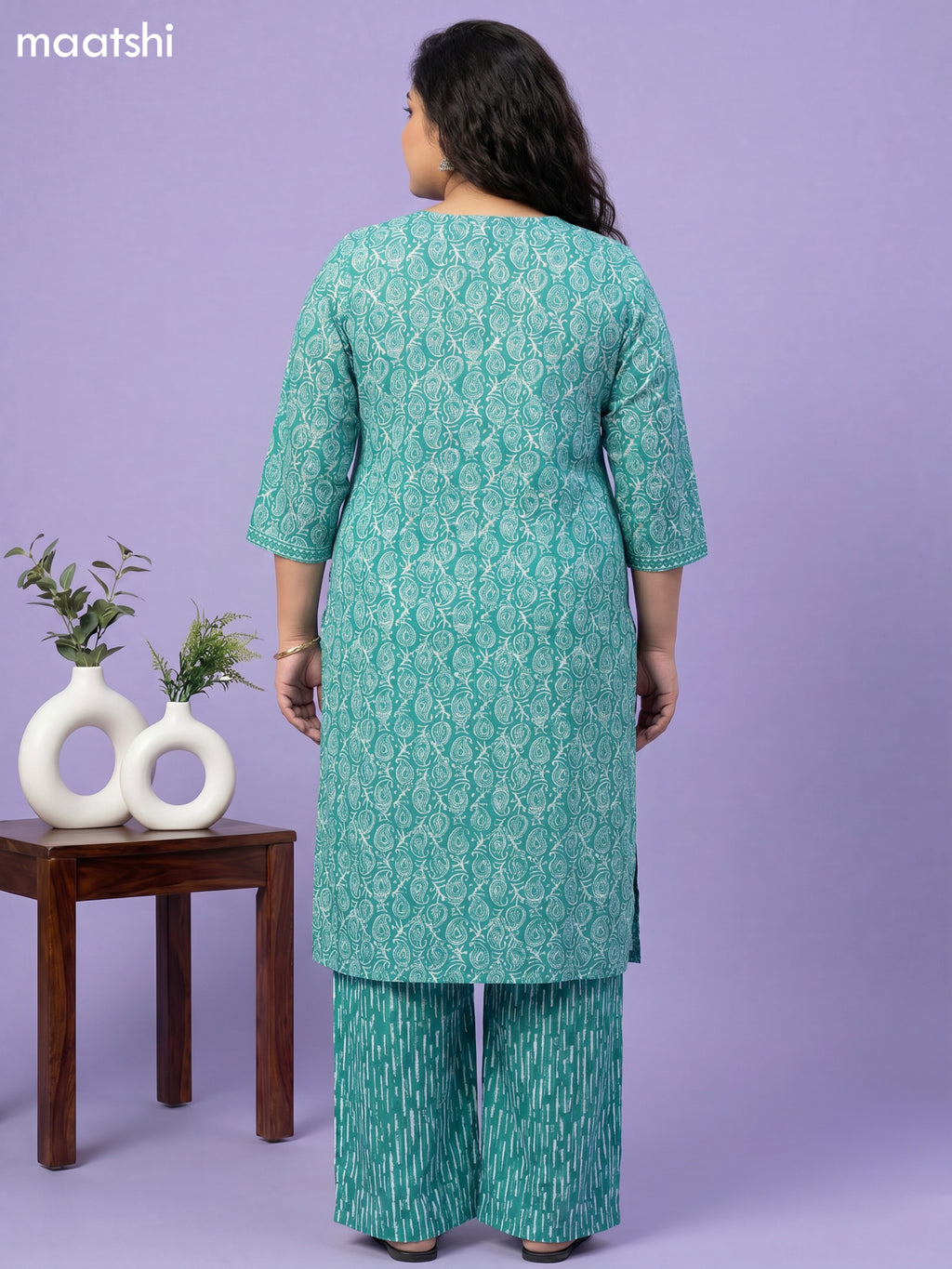 Teal Green and Off White Cotton Batik Printed Straight Suit