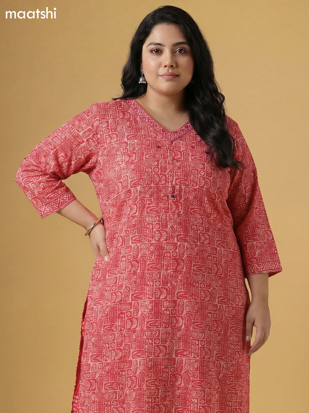 Red Shade and Off White Cotton Batik Printed Straight Suit