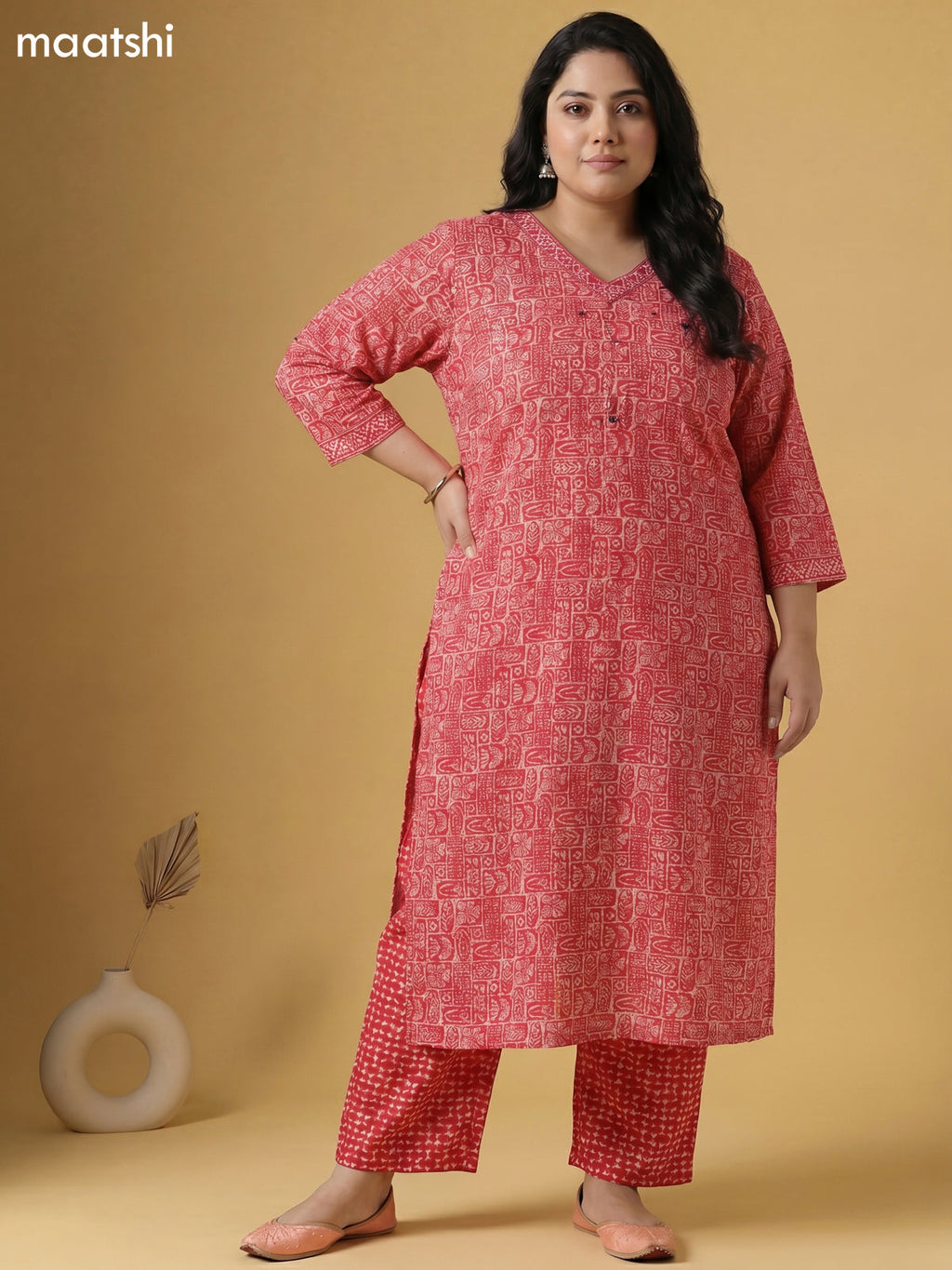 Red Shade and Off White Cotton Batik Printed Straight Suit