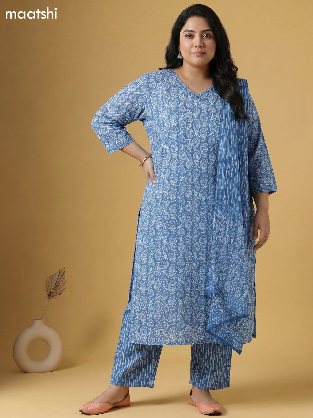 Light Blue and Off White Cotton Batik Printed Straight Suit