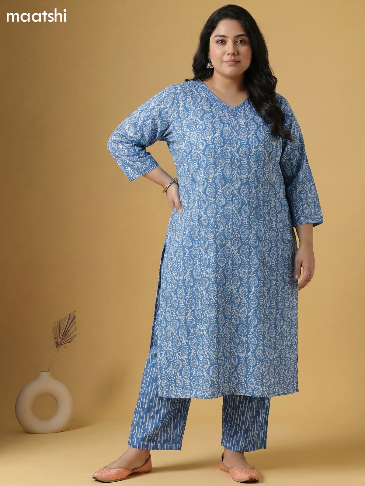 Light Blue and Off White Cotton Batik Printed Straight Suit