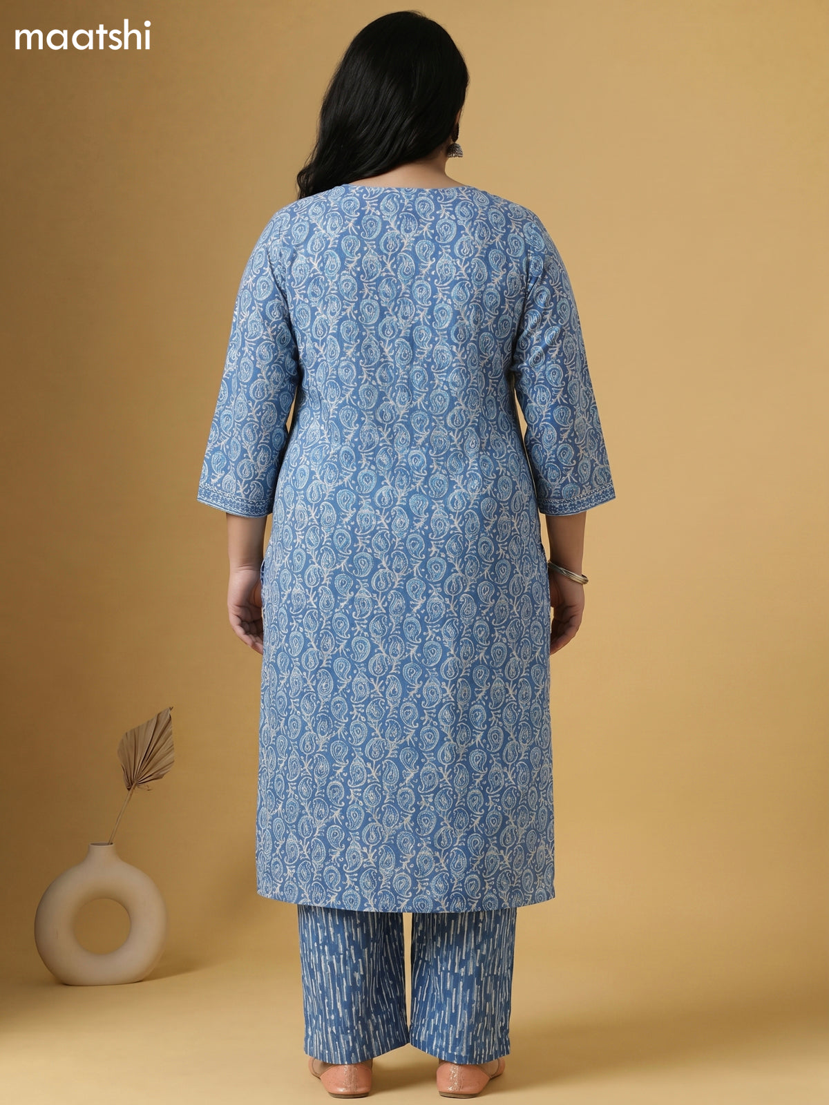 Light Blue and Off White Cotton Batik Printed Straight Suit