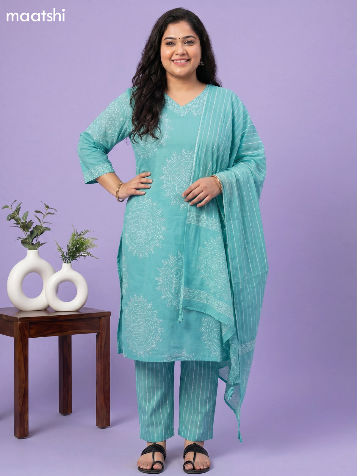Teal Green and Off White Cotton Bandhini Printed Straight Suit