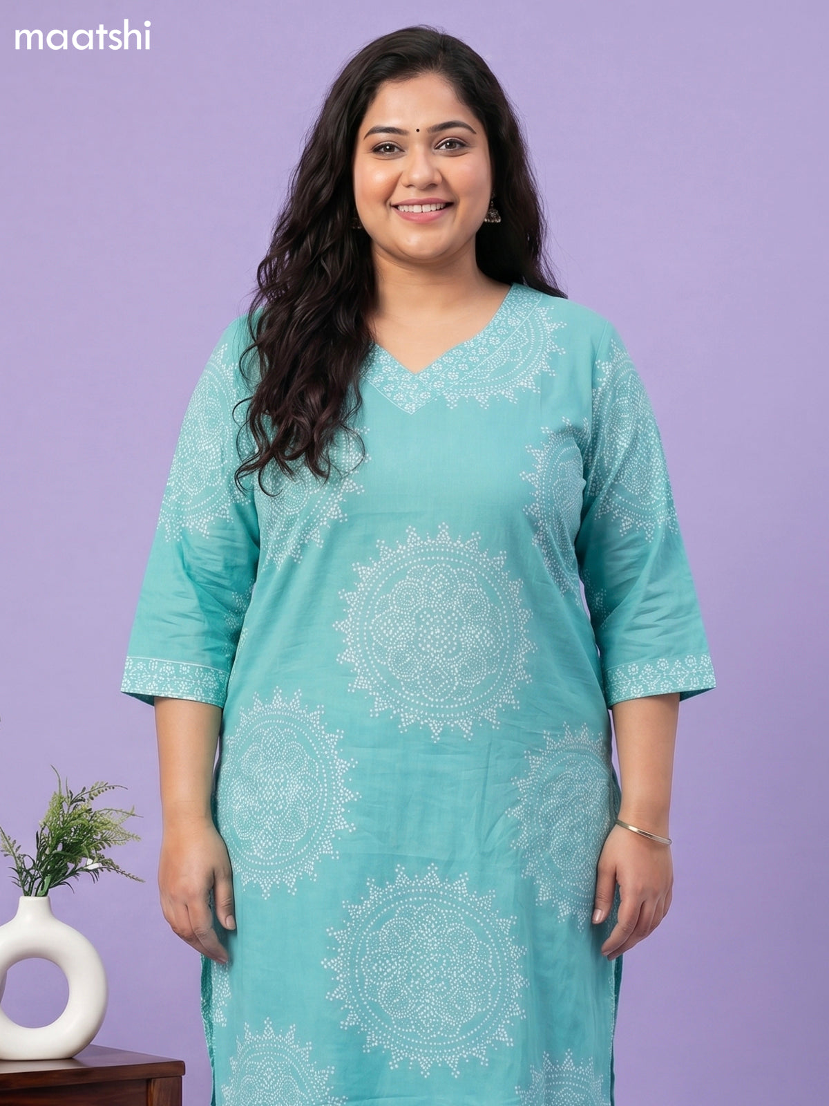 Teal Green and Off White Cotton Bandhini Printed Straight Suit
