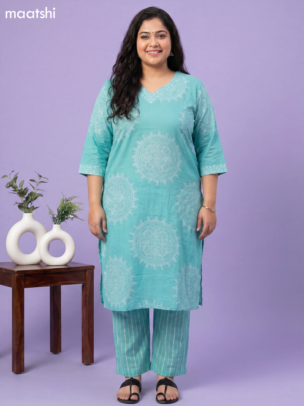 Teal Green and Off White Cotton Bandhini Printed Straight Suit
