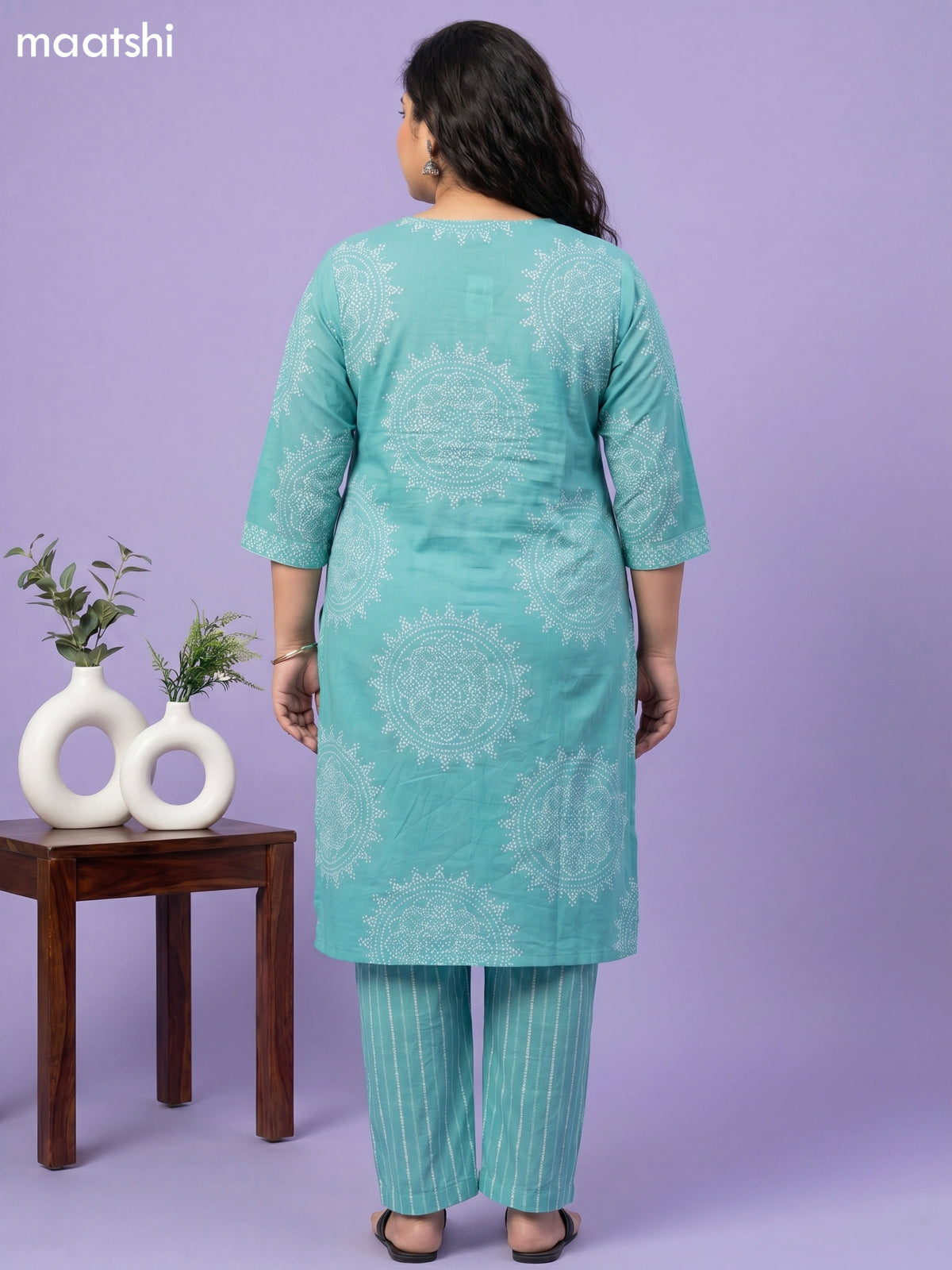 Teal Green and Off White Cotton Bandhini Printed Straight Suit