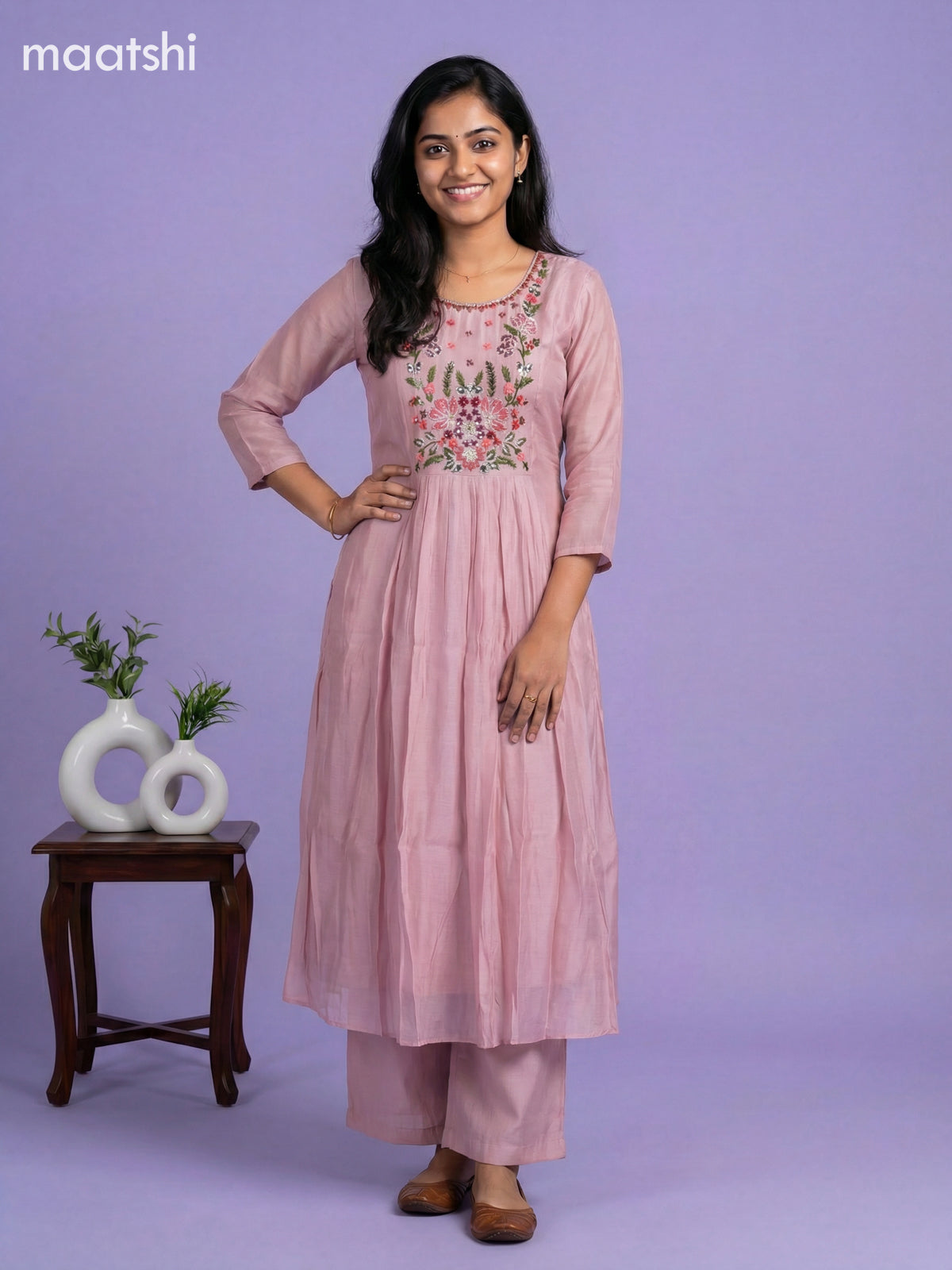 Pastel Pink Mul Chanderi Embroidery Work Anarkali Suit