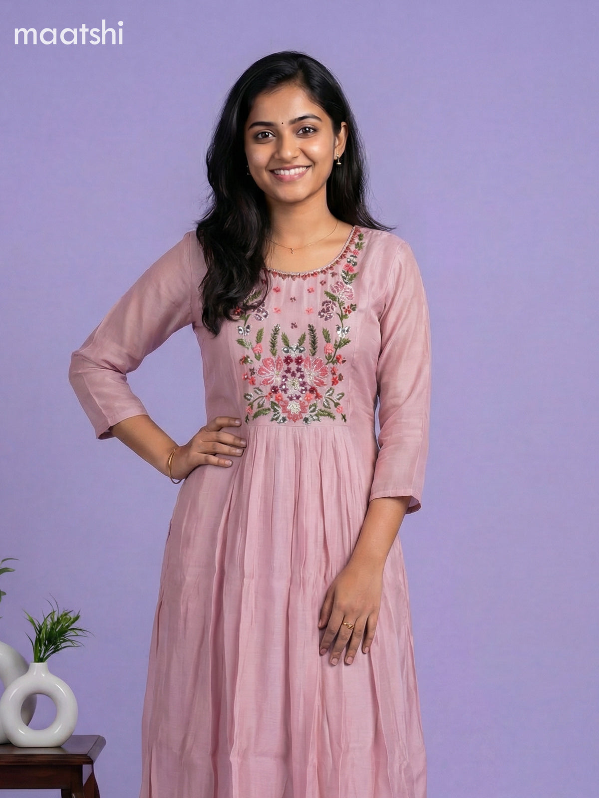 Pastel Pink Mul Chanderi Embroidery Work Anarkali Suit