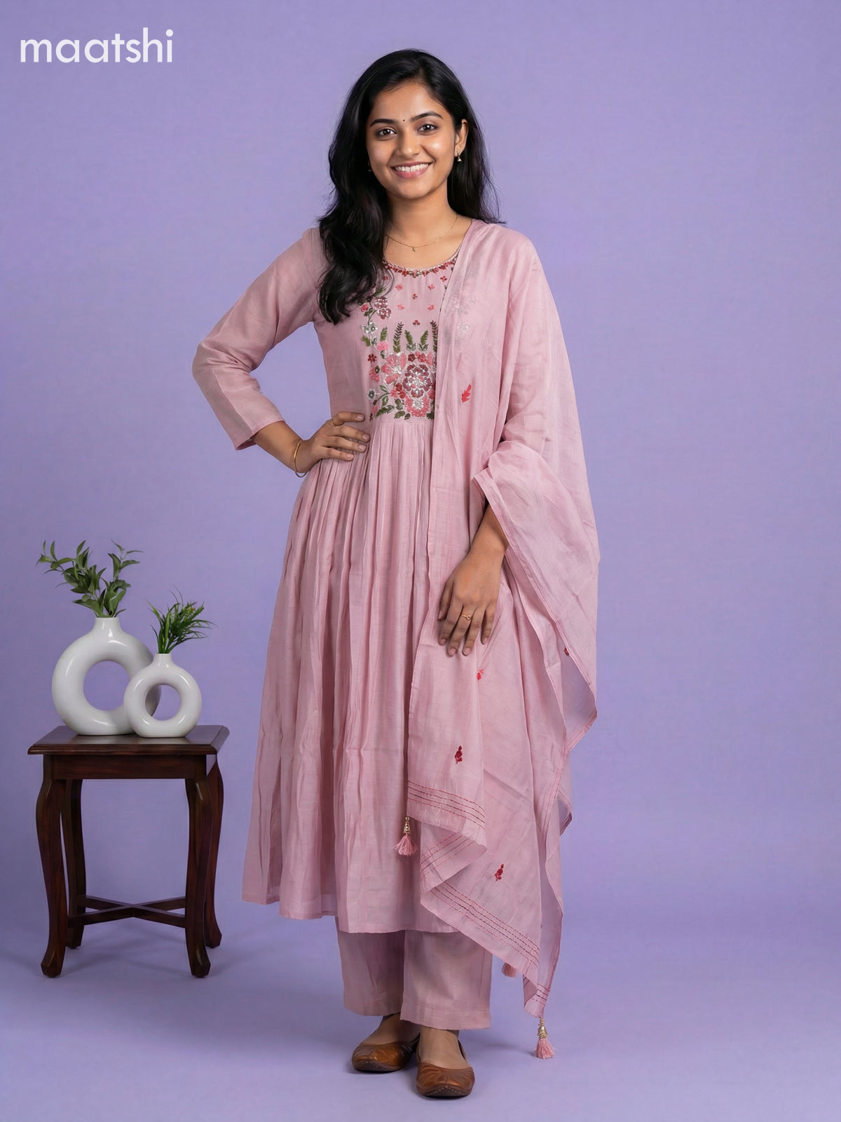 Pastel Pink Mul Chanderi Embroidery Work Anarkali Suit