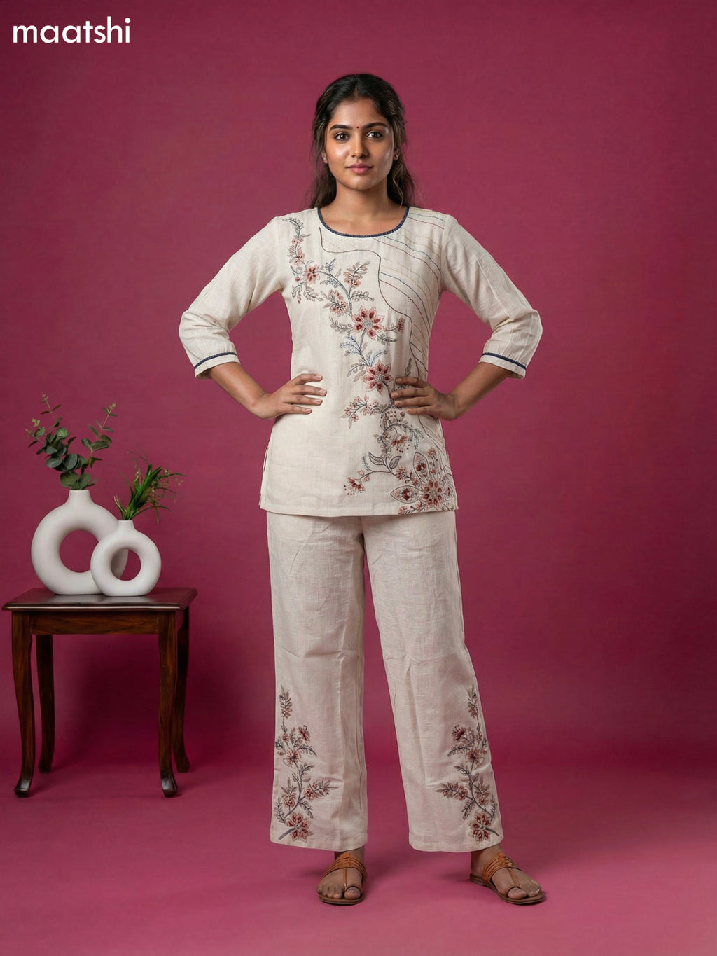 Beige Cotton Embroidery Work Short Co-Ord Set