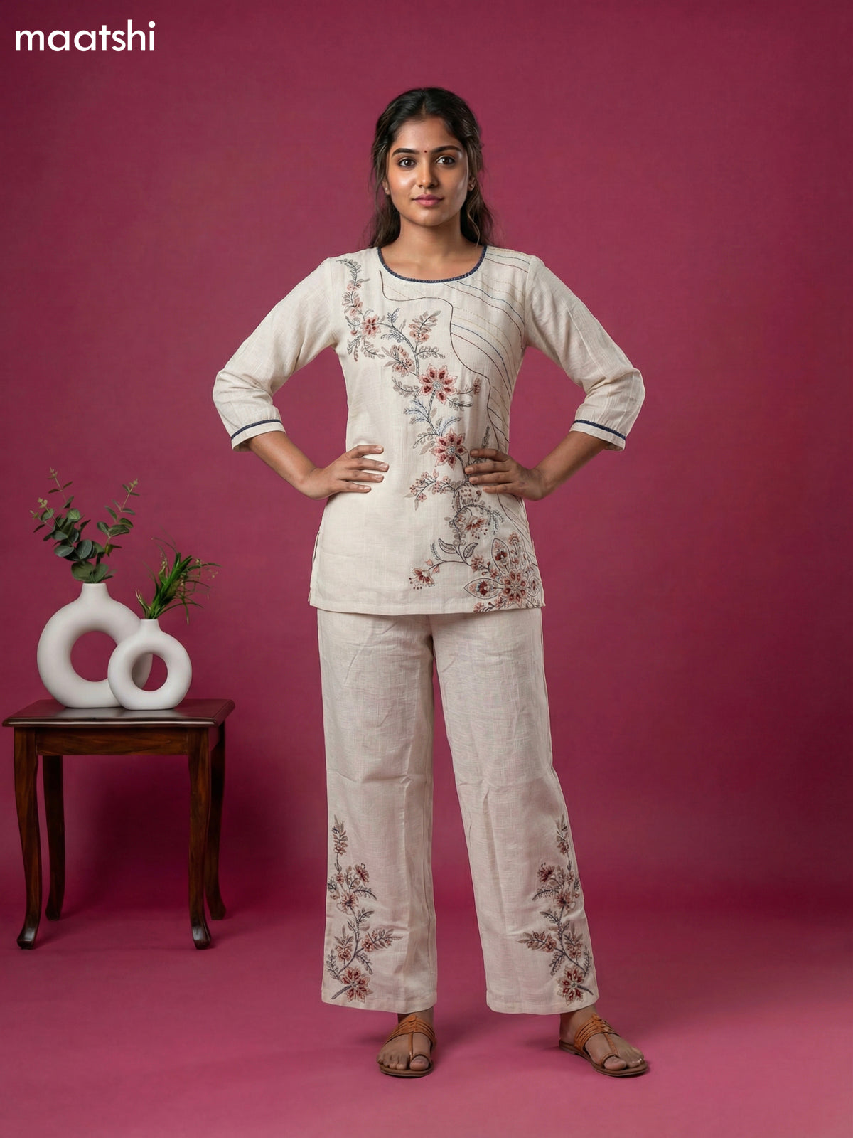 Beige Cotton Embroidery Work Short Co-Ord Set