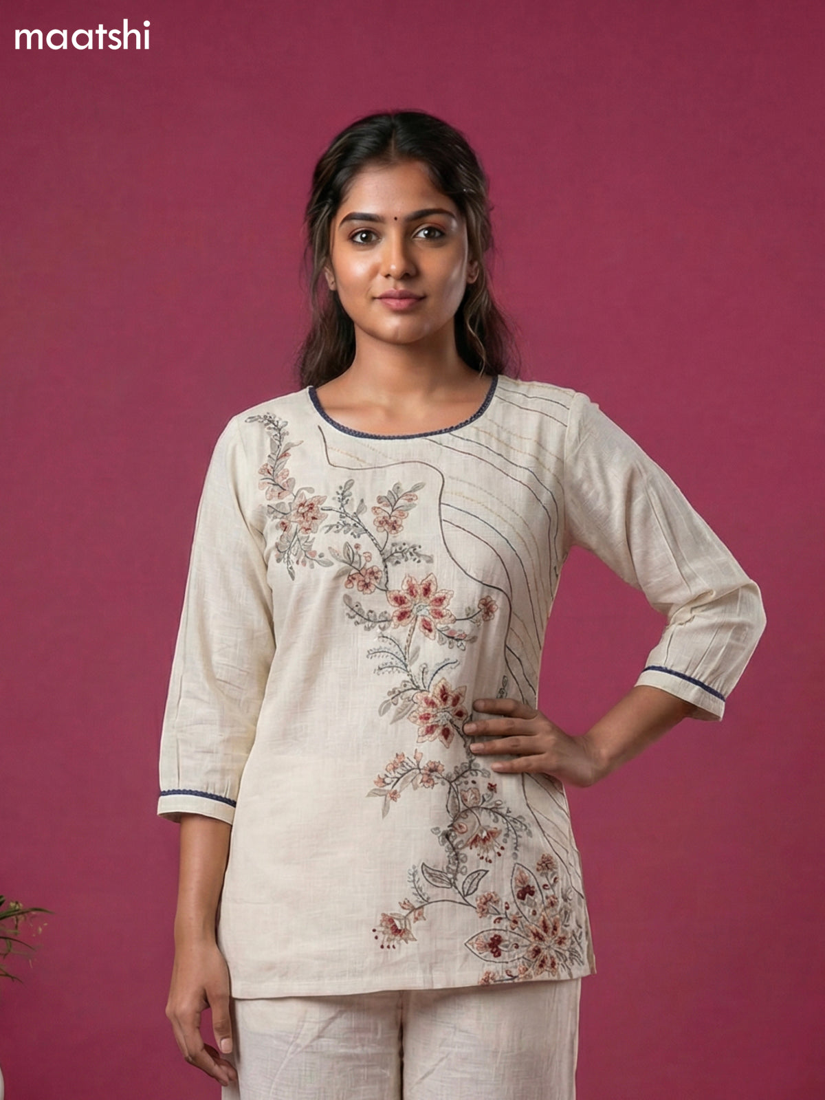 Beige Cotton Embroidery Work Short Co-Ord Set