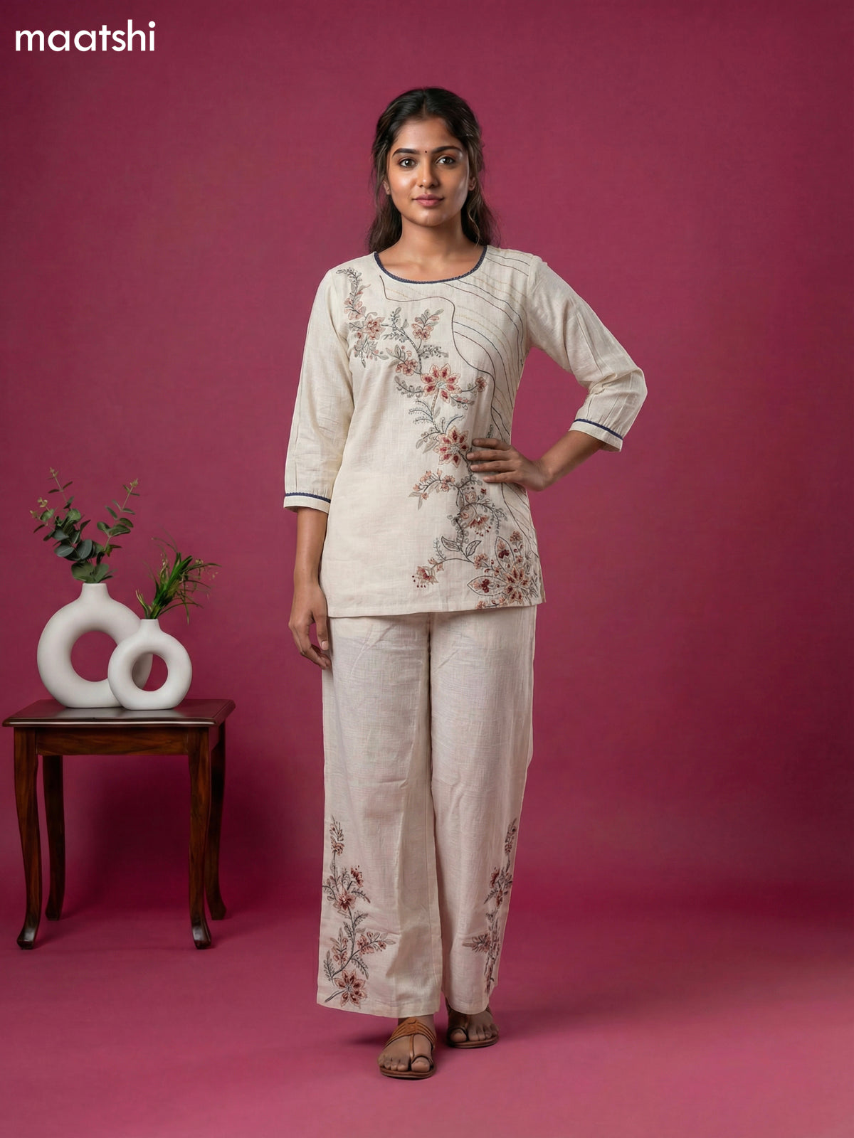 Beige Cotton Embroidery Work Short Co-Ord Set