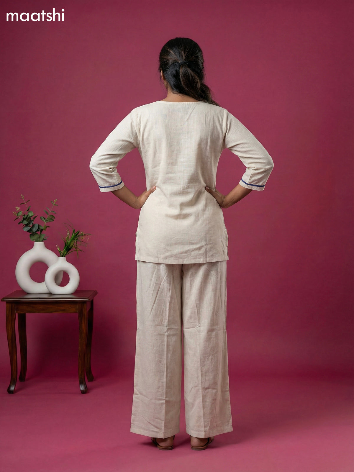Beige Cotton Embroidery Work Short Co-Ord Set