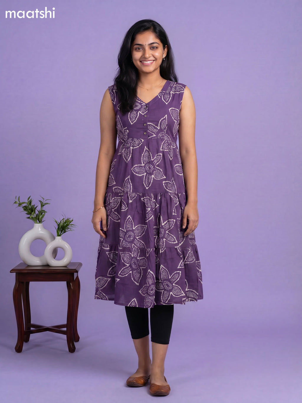 Purple Cotton Printed Anarkali Kurti