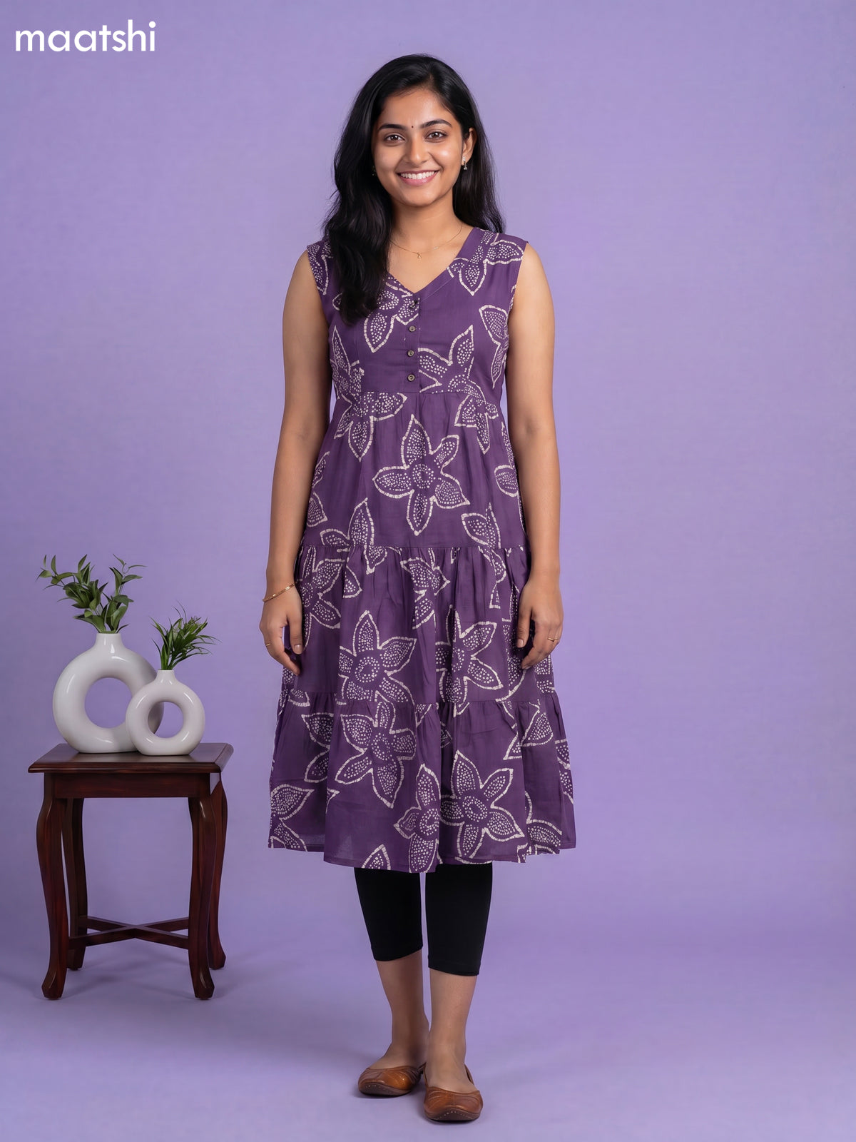 Purple Cotton Printed Anarkali Kurti