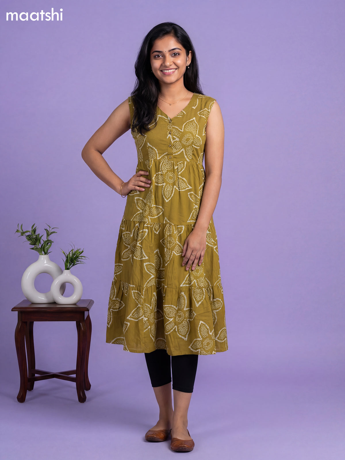 Mehendi Green Cotton Printed Anarkali Kurti