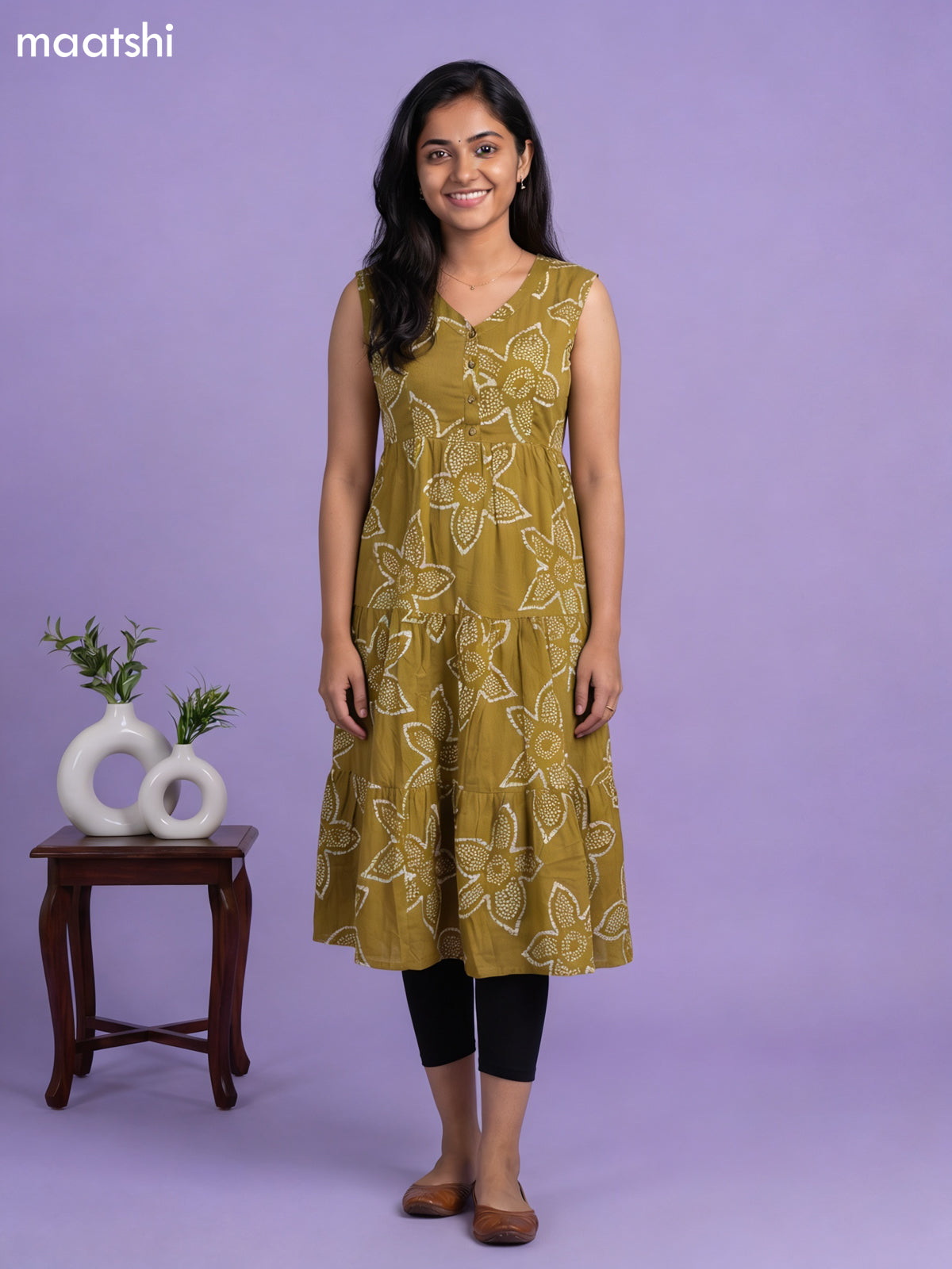 Mehendi Green Cotton Printed Anarkali Kurti