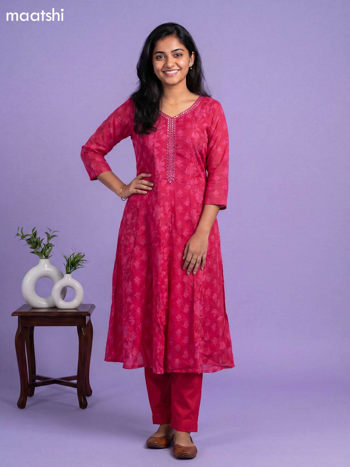 Pink Cotton Floral Printed & Embroidery Work Anarkali Suit