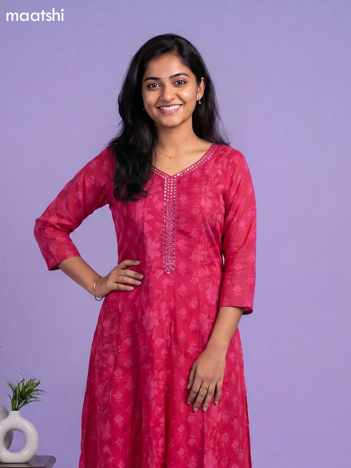 Pink Cotton Floral Printed & Embroidery Work Anarkali Suit