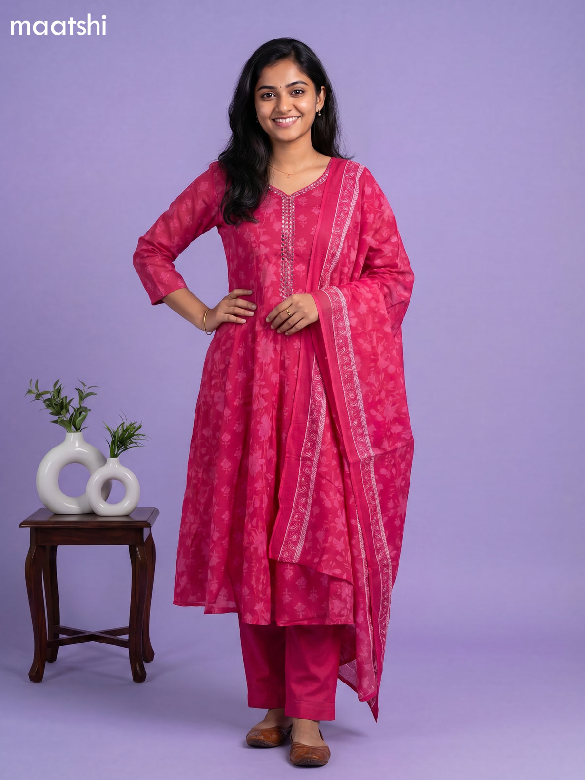 Pink Cotton Floral Printed & Embroidery Work Anarkali Suit