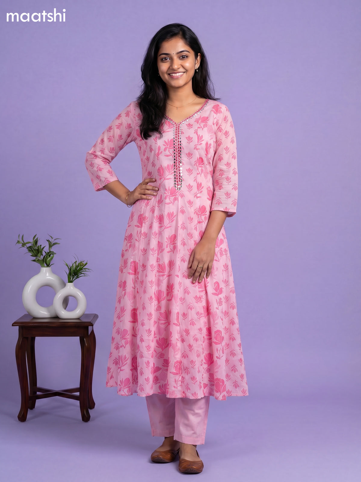 Peach Pink Cotton Floral Printed & Embroidery Work Anarkali Suit
