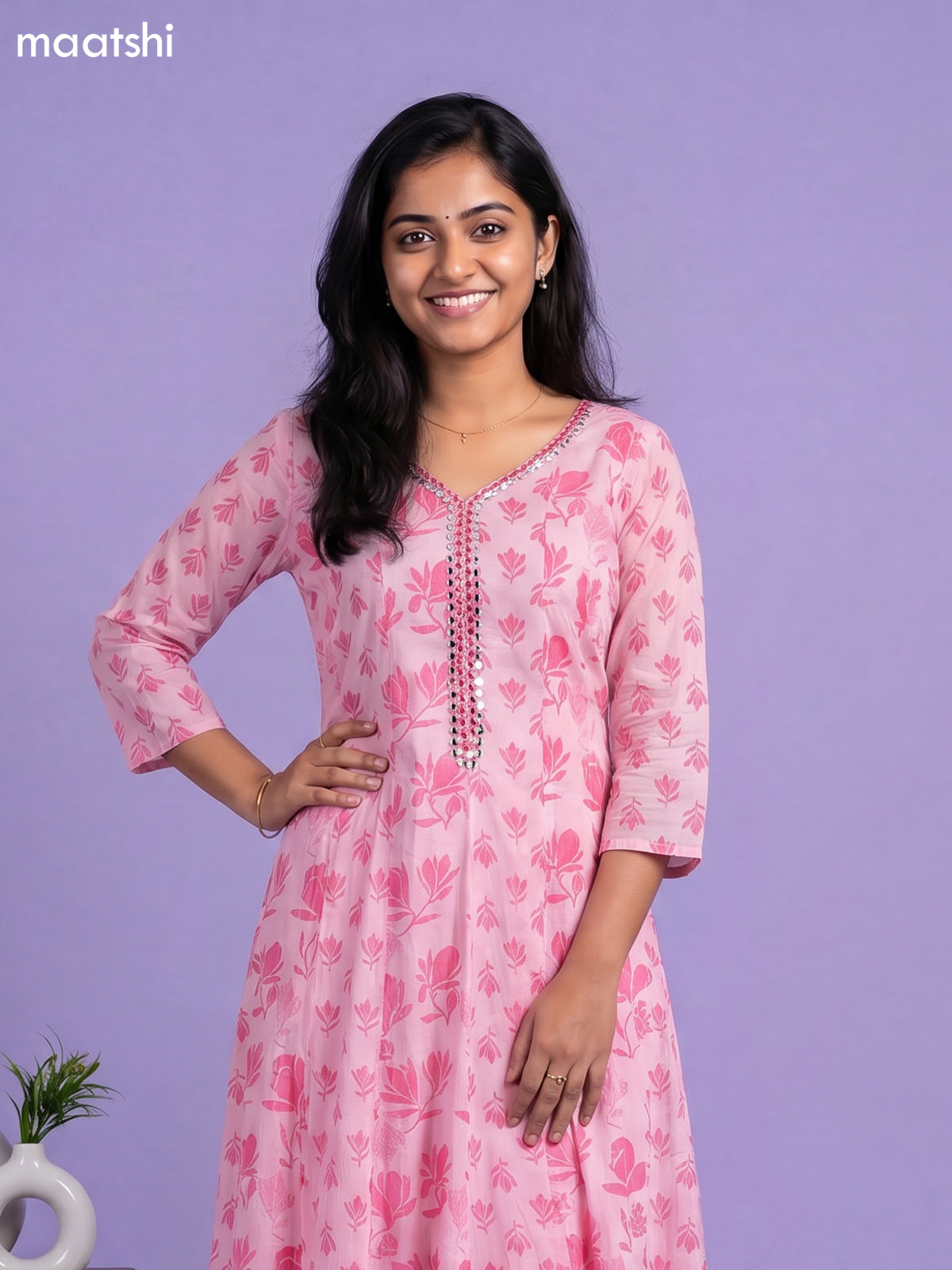 Peach Pink Cotton Floral Printed & Embroidery Work Anarkali Suit