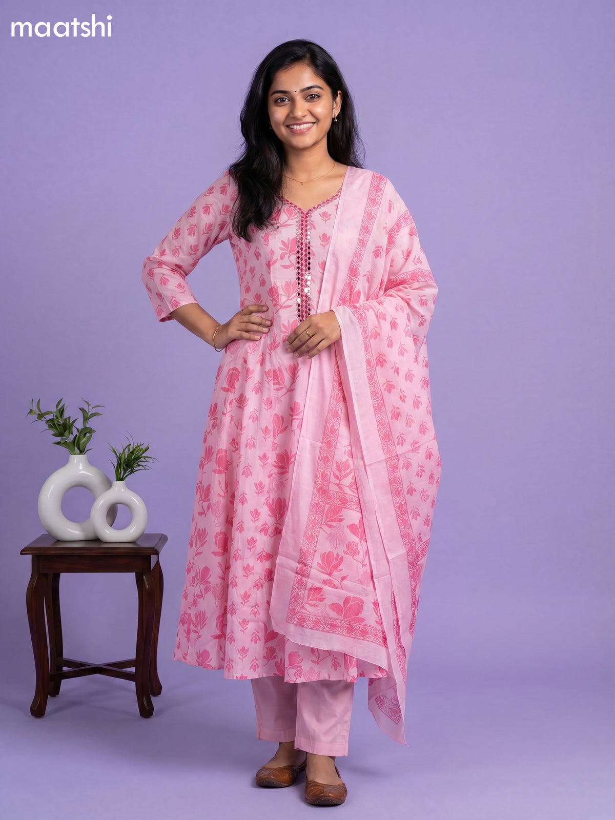 Peach Pink Cotton Floral Printed & Embroidery Work Anarkali Suit