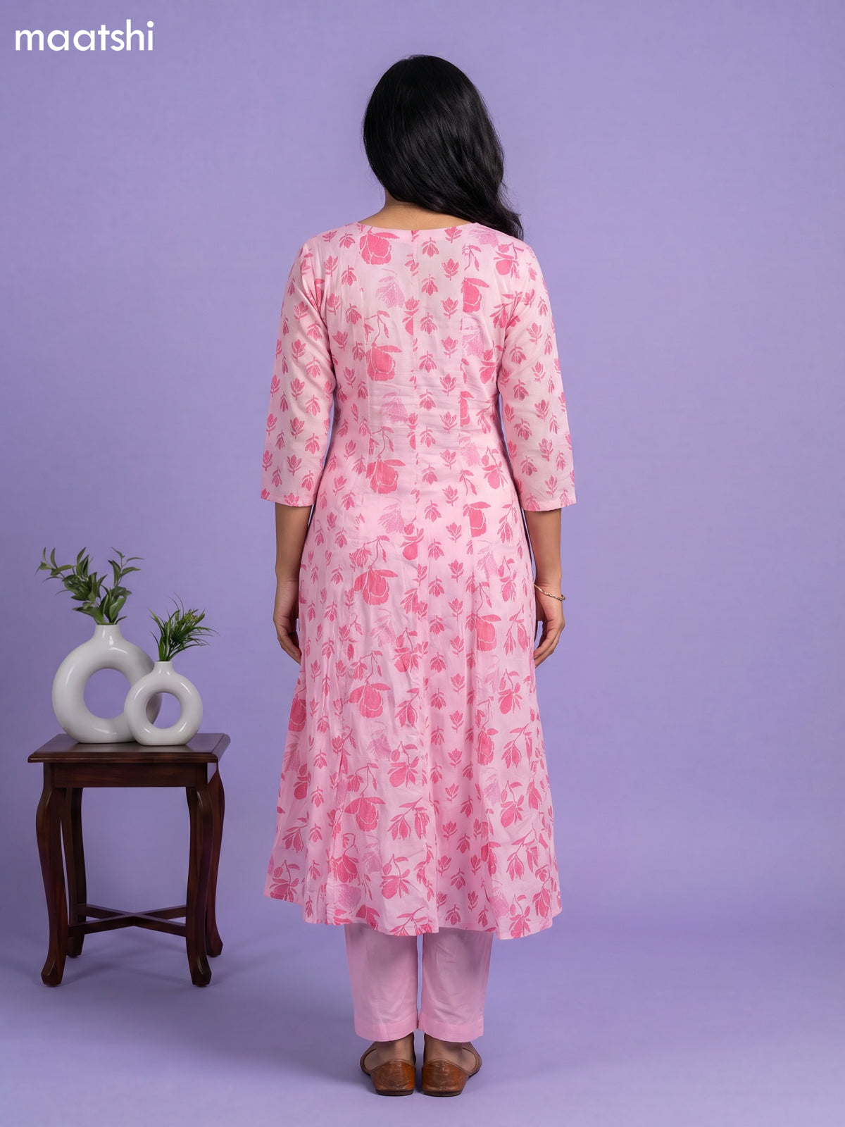 Peach Pink Cotton Floral Printed & Embroidery Work Anarkali Suit