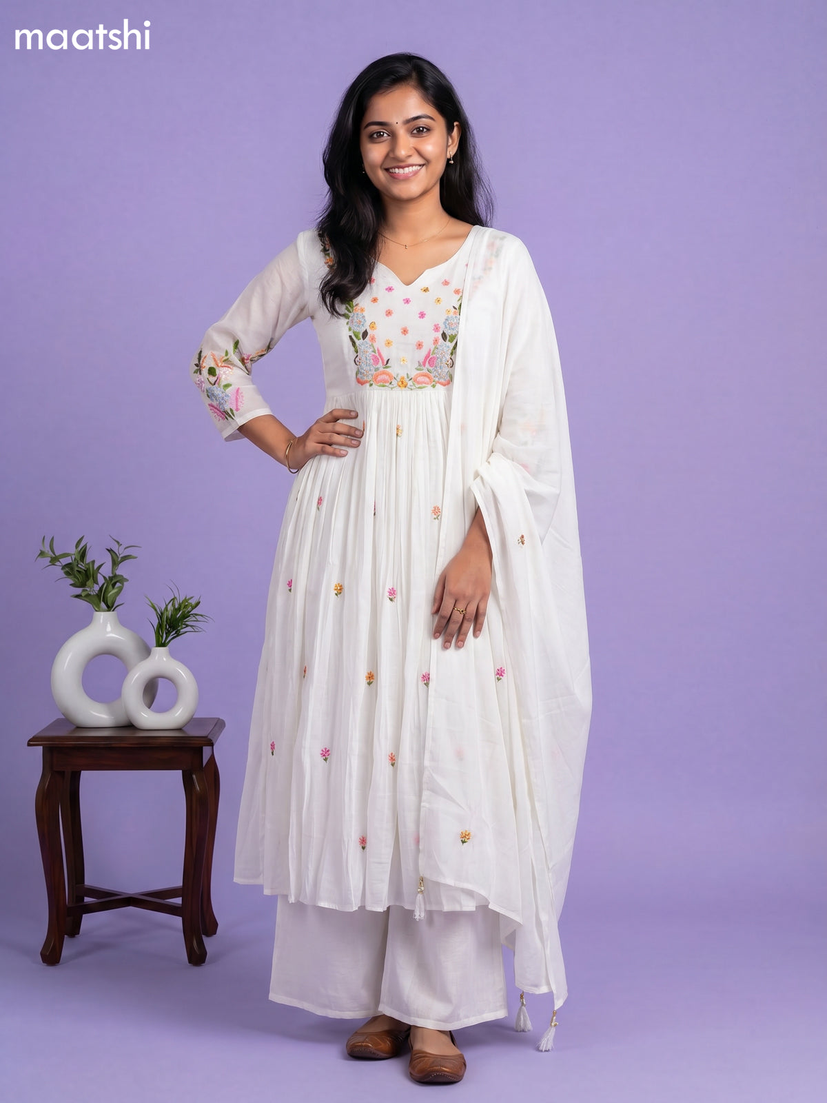 Off White Chanderi Embroidery Work Anarkali Suit