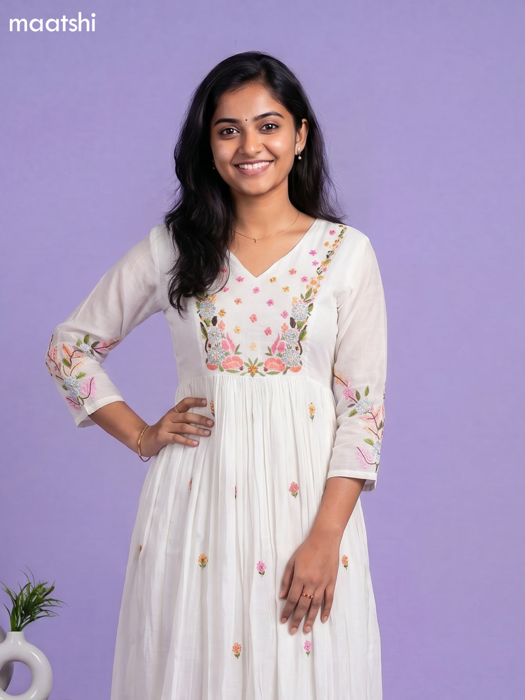 Off White Chanderi Embroidery Work Anarkali Suit