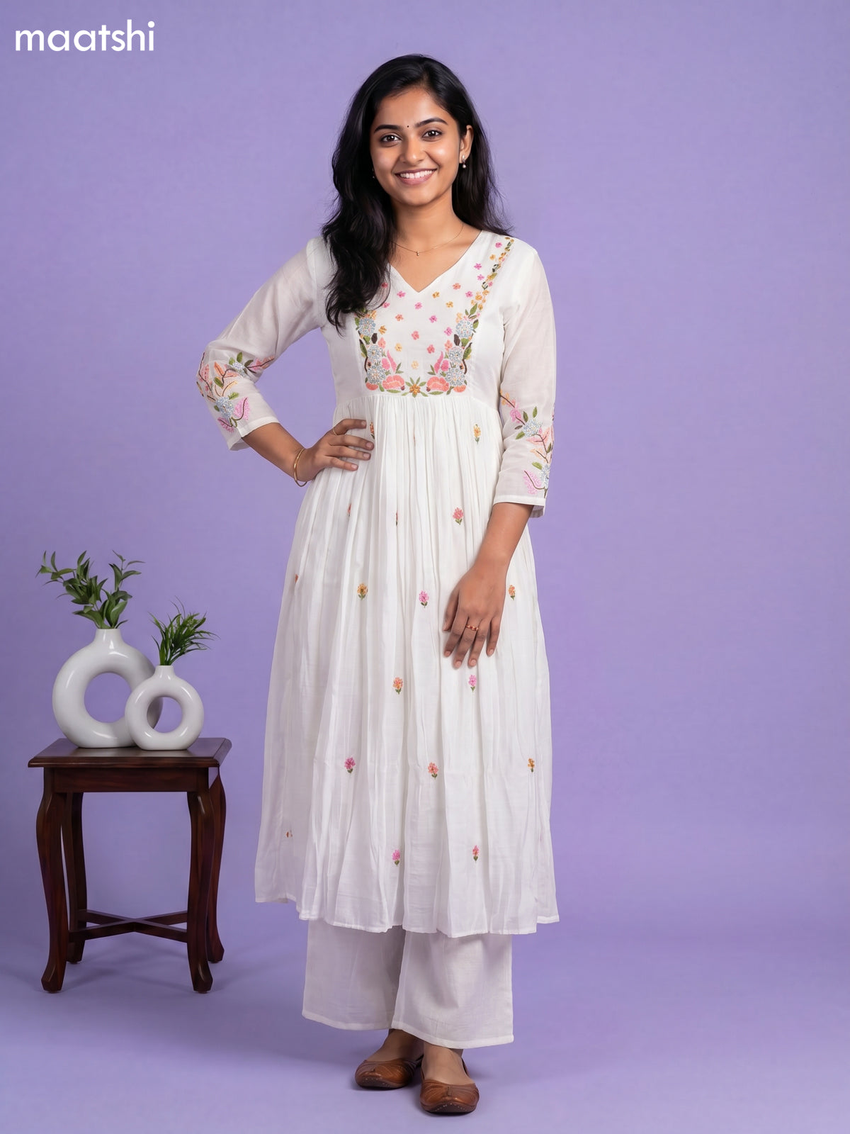Off White Chanderi Embroidery Work Anarkali Suit