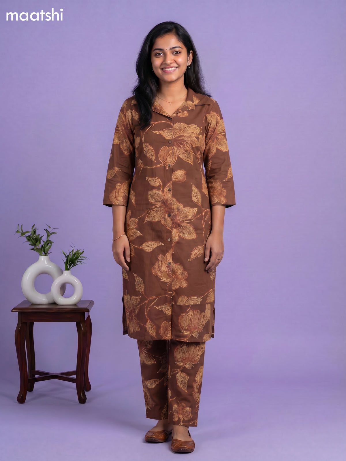 Brown Cotton Floral Printed Co-Ord Set