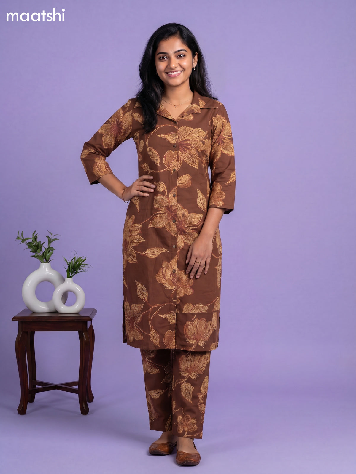 Brown Cotton Floral Printed Co-Ord Set
