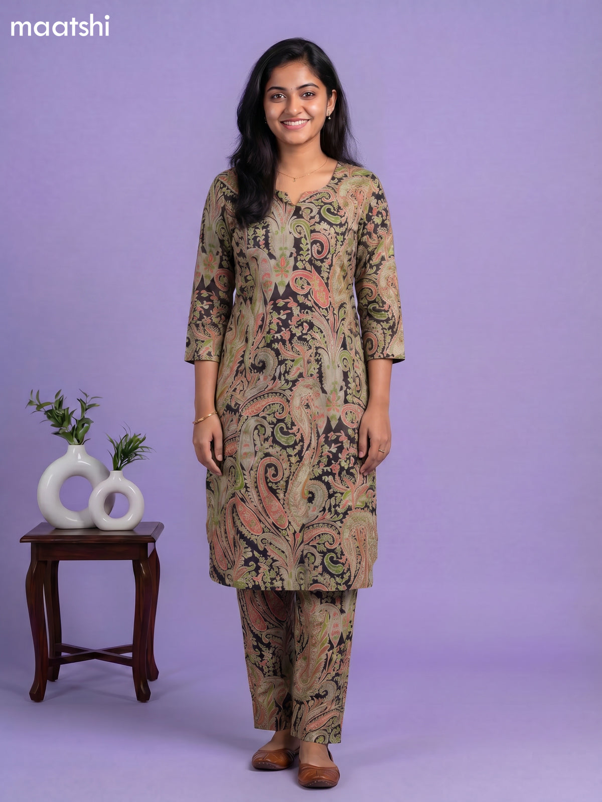 Black and Beige Cotton Printed Co-Ord Set