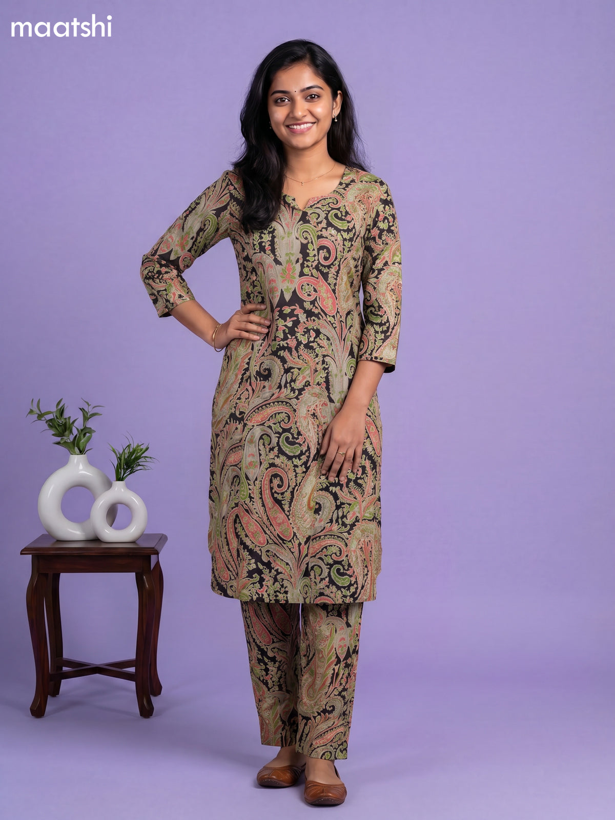 Black and Beige Cotton Printed Co-Ord Set