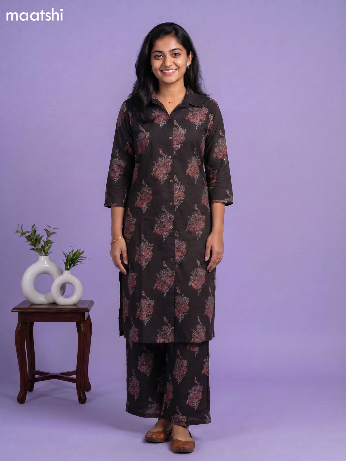 Deep Coffee Brown Cotton Printed Co-Ord Set